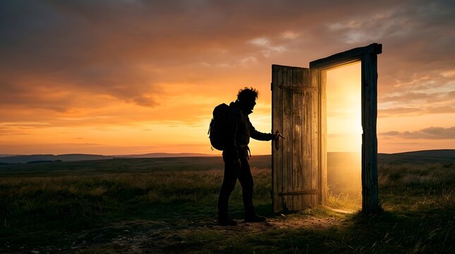 Silhouette of a traveler with a large backpack approaching and touching an old wooden door set into grassy terrain under a vibrant orange and yellow sky at dusk