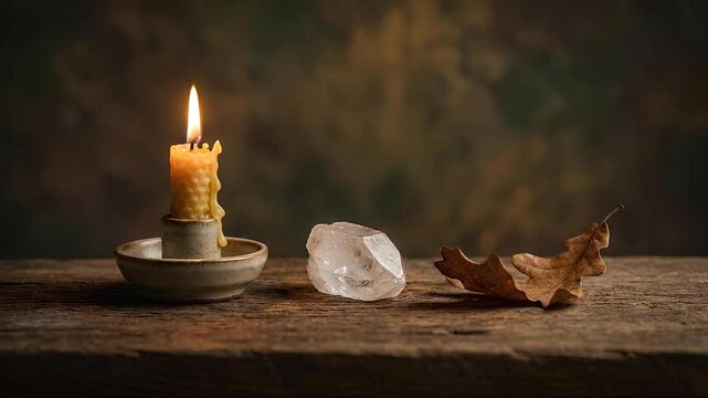 Burning wax candle with crystal stone and dry autumn leaf on rustic wooden table