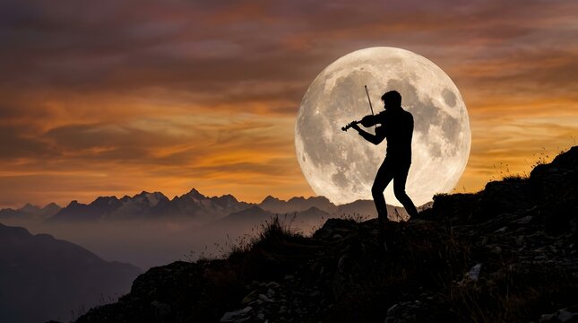 Silhouette of a musician playing violin atop a rugged mountain peak  framed by an enormous full moon and vibrant orange and purple twilight clouds above layered mountain ranges