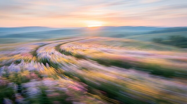 An abstract  motion blurred landscape featuring vibrant flower fields winding across undulating terrain under a warm hued sky during dawn or dusk