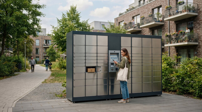 Woman stands in front of modern automated parcel locker station outdoors in residential area, using smartphone to retrieve package.