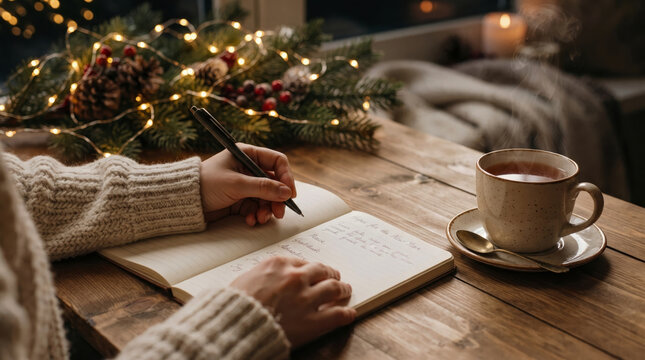 Cozy scene of person writing goals for new year in notebook next to steaming cup of tea and festive holiday lights.