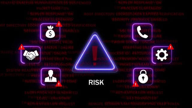 Cybersecurity risk assessment concept with glowing digital warning triangle, data breach alert network security protocol failures, and system vulnerability analysis for corporate it infrastructure
