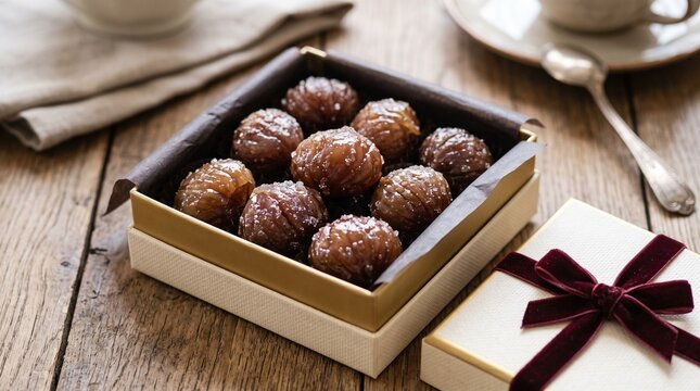 Gourmet candied chestnuts presented in an elegant gift box with a velvet ribbon, ready for gifting