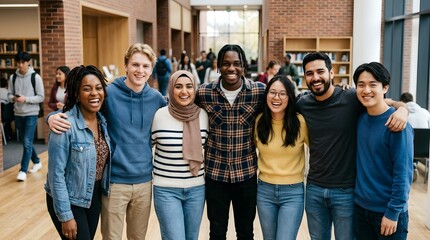 Fototapeta premium Seven young people stand close together arms around each other smiling brightly inside a spacious library featuring exposed brickwork and tall