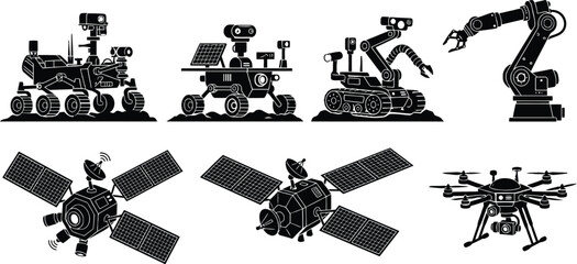 Space Exploration Satellite and Rover Robot Silhouette Set © MARISH
