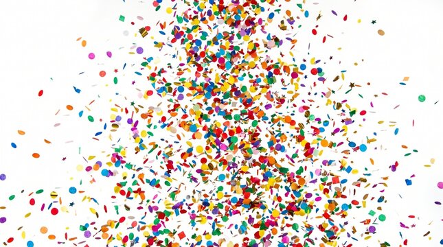 A vibrant explosion of colorful confetti and streamers falling against a clean white background, celebrating joy and festivity