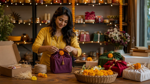 Smiling woman wearing yellow top beautifully wraps gift box in purple fabric decorated with marigold flower inside festive shop.