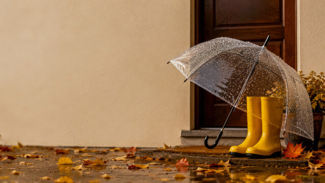 Wet transparent umbrella and yellow rain boots stand outside residential house doorway on rainy autumn day surrounded by fallen leaves