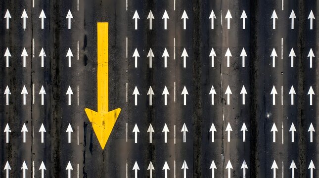 An aerial view shows a prominent yellow downward pointing arrow contrasting with numerous white upward pointing arrows on a textured black pavement  indicating a directional divergence or focus point