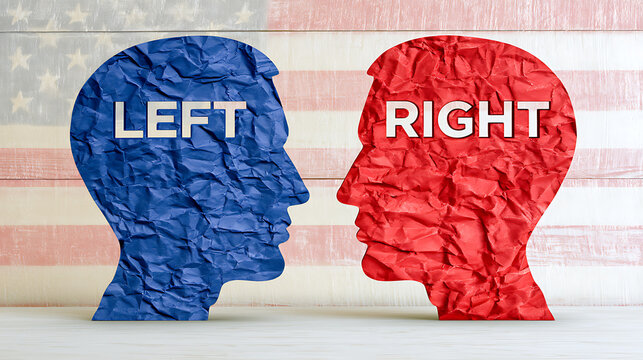 Conceptual image of political polarization with paper cutouts of human heads representing left and right ideology in front of national symbol