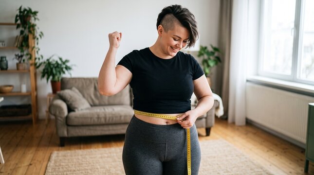 Woman celebrating weight loss success by measuring her waist with a tape measure at home