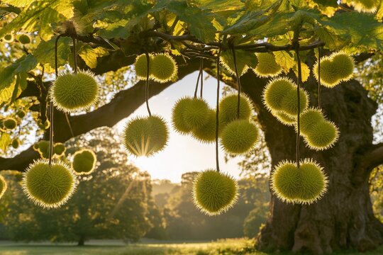 Hanging Chestnut Burrs with Warm Autumn Bokeh