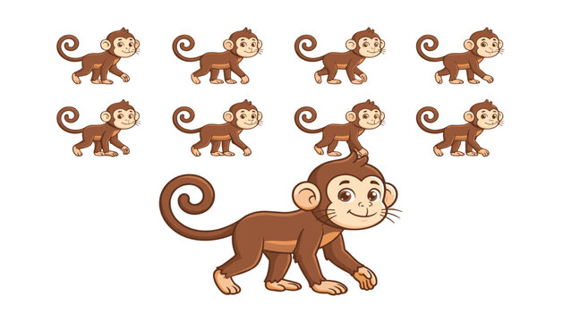 Cute monkey cartoon character walking cycle . Sprite sheet animation sequence, brown chimpanzee animal poses, isolated vector illustrations .