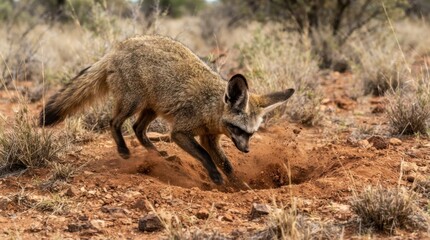 Fototapeta premium Bat-eared Fox Digging in Sandy Soil: A solitary bat-eared fox with its characteristic large ears is captured in mid-dig, its paws actively excavating a hole in the dry, sandy terrain.