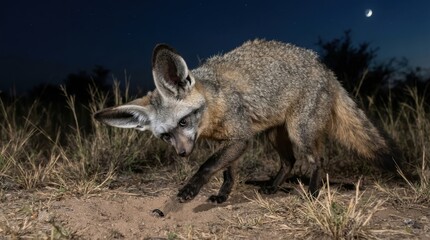 Fototapeta premium Bat-Eared Fox at Night: A unique bat-eared fox with its characteristic large ears navigates the dry terrain under a moonlit night, its sharp senses alert.