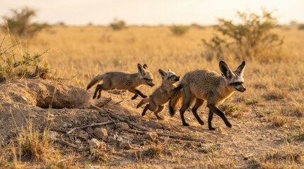 Fototapeta premium Bat-Eared Fox Family in the Savannah: A mother bat-eared fox leads her two playful cubs out of their burrow into the golden hues of the African savanna.