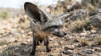 Fototapeta premium Bat-eared Fox in Arid Landscape: A close-up of a bat-eared fox with its distinctive large ears and striking facial markings stands alert in a dry, rocky terrain.