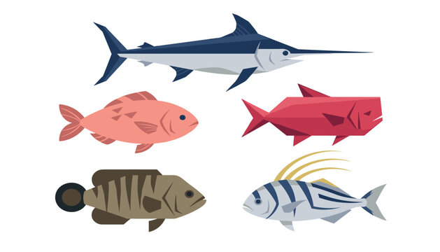 Geometric ocean fish cartoon character set . Swordfish, snapper, grouper, tropical sea animals, isolated vector illustrations, flat design icons .