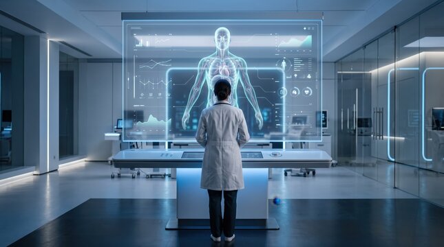 Doctor analyzing holographic human body display in futuristic lab, advanced medical diagnostics using AI technology, healthcare innovation and digital patient data