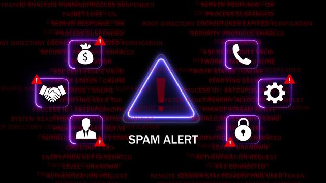 Cyber security spam alert warning with glowing neon warning triangle, digital data breach notification, network vulnerability concept, system error and malicious phishing protection