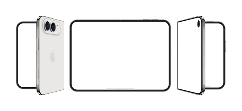Antalya, Turkey - September 12, 2026: Apple iPhone Duo foldable smartphone shown open and folded in multiple views with blank displays on white background
