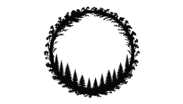Pine trees and forest branches in black silhouette form a perfectly circular wreath frame on a solid white background.