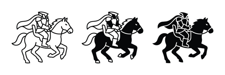 Fototapeta premium Horse Rider Icons, Silhouette & Outline, Medieval Warrior, Cavalry Vector Set