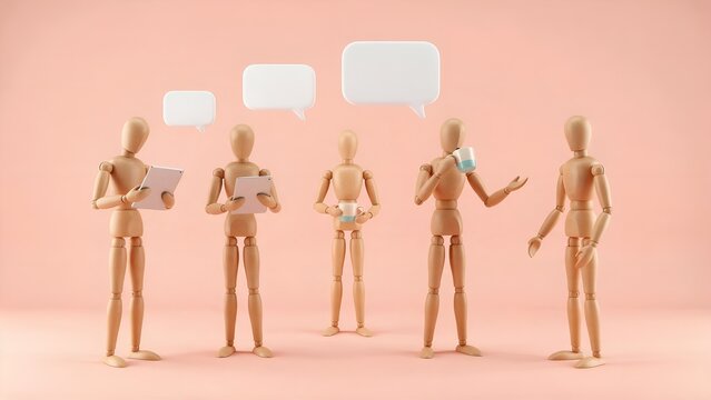 Wooden mannequins standing in a row with white speech bubbles and digital tablets while interacting on a solid light pink studio background for business concepts