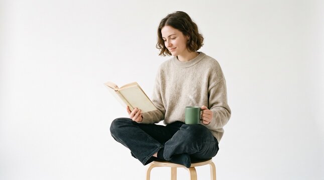 Young woman with short brown hair wearing a beige sweater and black jeans reading a book and holding a green mug while sitting cross-legged on a stool against a white background