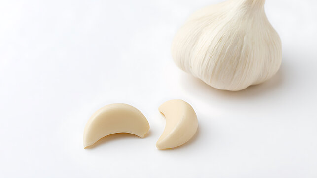 Fresh garlic bulb and peeled cloves of Allium sativum on a clean white background, showcasing culinary spice and organic vegetable health