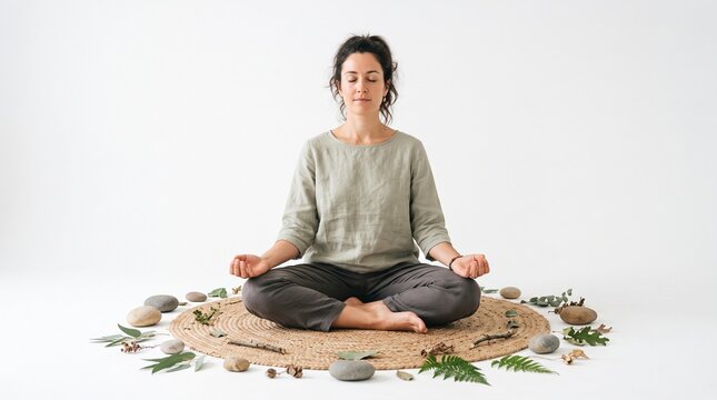 Woman meditating in lotus pose surrounded by natural elements like stones and leaves on a white background