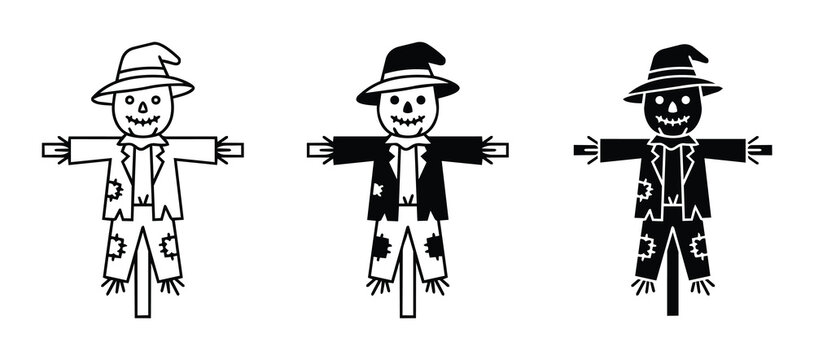 Scarecrow Icons Set, Autumn Harvest Symbols, Halloween Character Graphics, Fall Season Vector Art