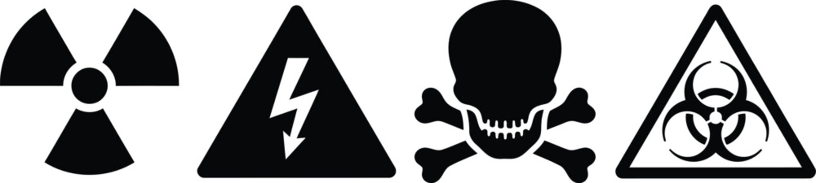 Black hazard warning icon set featuring radiation high voltage toxic skull and biohazard symbols