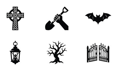 Fototapeta premium Halloween Icons Set: Celtic Cross, Shovel, Bat, Lantern, Tree, Gates Vector Graphics