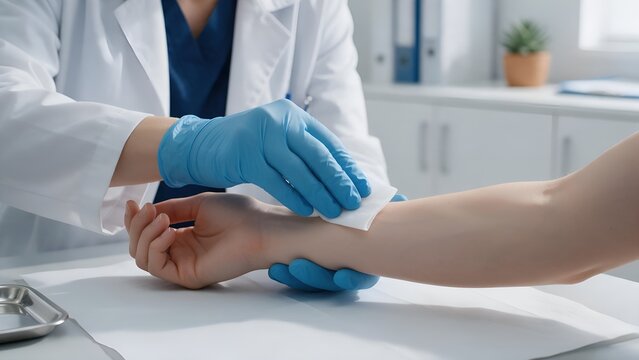 Medical professional wearing blue latex gloves sanitizing patient arm with white cotton swab inside clinical setting during a standard procedure in bright well lit office