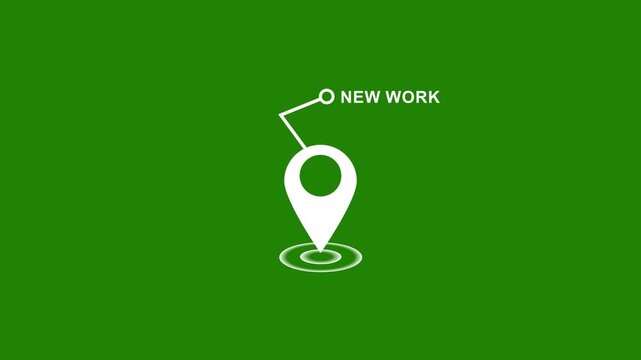 Animated map pin with new work text label and pulsing location signal on a solid green screen background, corporate presentations, digital marketing, and ui projects