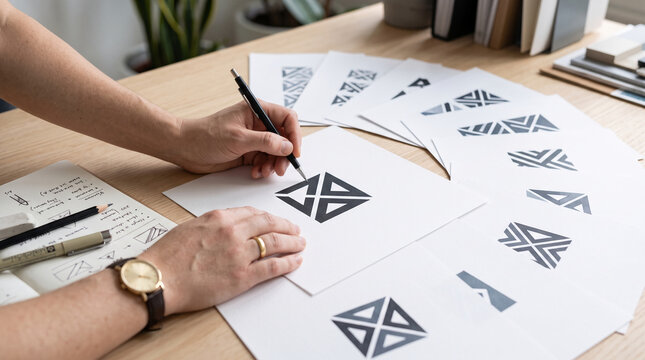 Designer's hand sketching logo variations on paper, showcasing creative process and ideation, symbolizing business development and branding strategy.