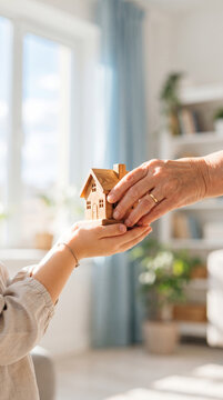 A child's hands hold a wooden house, passed to an adult's hands, symbolizing family, home, and legacy transfer.