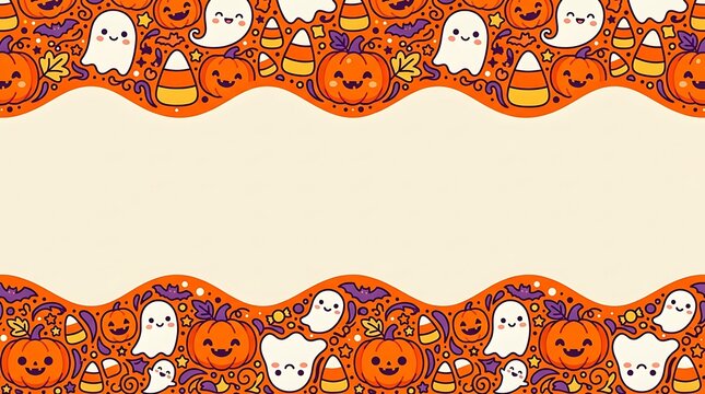 Cute halloween background frame with happy ghosts pumpkins candy corn and bats on orange wavy border empty space for text