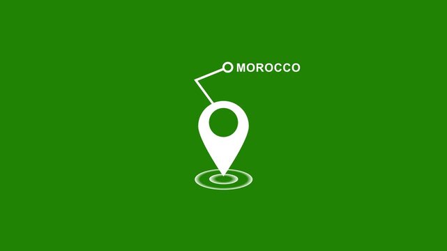 Animated morocco map location marker pin with pulsing radar effect on a solid green screen background, for easy chroma, key compositing and, travel, tourism, or, global logistics presentations