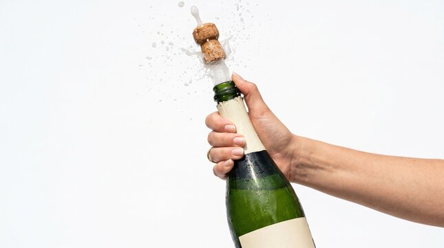 Hand opening champagne bottle with cork popping and splashing liquid against a white background