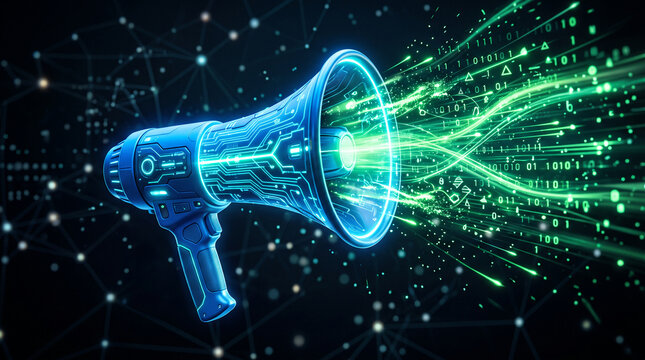 Futuristic blue megaphone with glowing circuit board patterns emits digital data streams, symbolizing communication and technological advancement