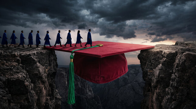Graduates in blue robes cross a chasm on a giant graduation cap, symbolizing the challenges ahead and the journey of education.