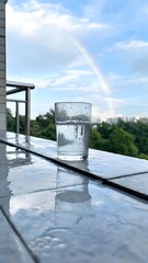 Obraz premium Glass of Water on Rainy Balcony Ledge with Rainbow and City Skyline