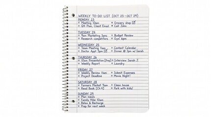 Fototapeta premium Handwritten weekly to do list on a spiral bound notebook page with tasks for October 23 to October 29