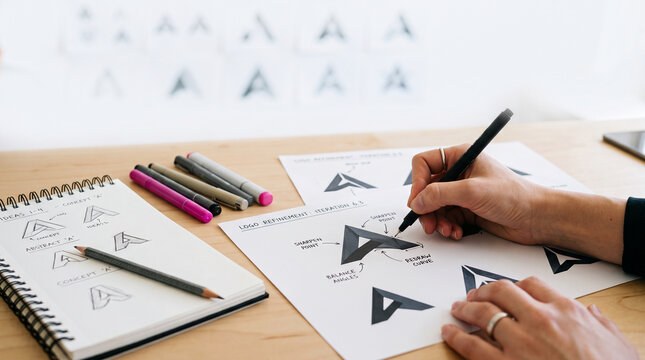 Hands sketching logo concepts on paper with markers and pencil, showcasing the creative process of design iteration and refinement for a business idea