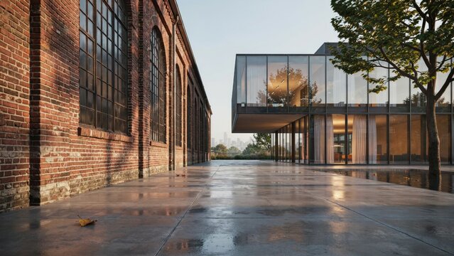 Brick Building and Modern Glass Extension, Architectural Design Concept Featuring Architecture, Facade