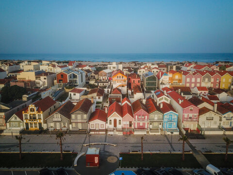 Aerial View of Costa Nova do Prado Houses and Atlantic Ocean Shoreline