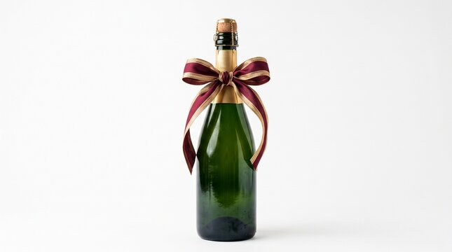 Green champagne bottle with elegant burgundy and gold ribbon bow on white background